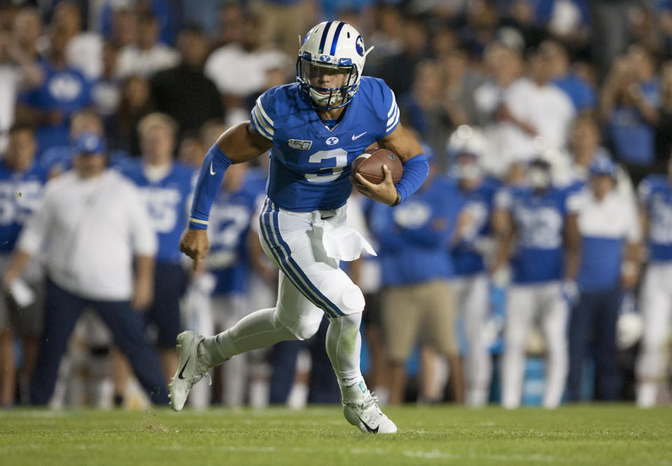 PROVO, UT - AUGUST 29: Jaren Hall #3 of the BYU Cougars rushes the ball against the Utah Utes during their game at LaVell Edwards Stadium on August 29, in Provo, Utah. (Photo by Chris Gardner/Getty Images)