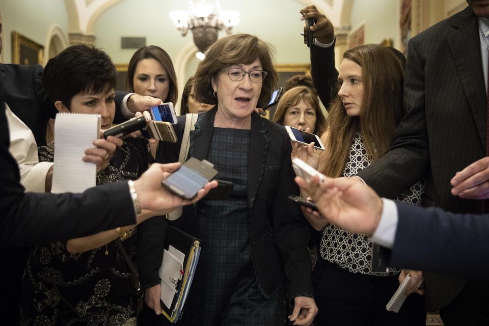 Sen. Susan Collins (R-ME) is surrounded by reporters following a closed-door meeting of Senate Republicans on Capitol Hill, September 26, 2018 in Washington, DC. (Drew Angerer/Getty Images)