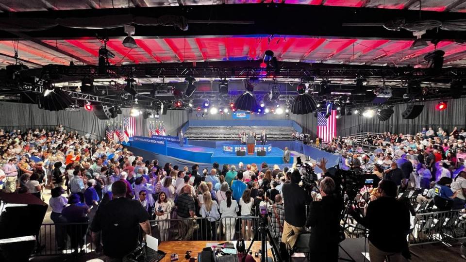 Supporters of President Joe Biden gather for a campaign event at as seen from the press riser at the Jim Graham building at the North Carolina State Fairgrounds in Raleigh on Friday June 28, 2024. Biden debated former President Trump in Atlanta Georgia the previous night.