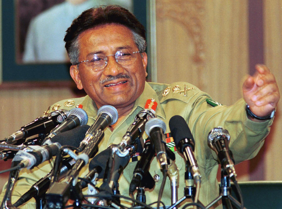 FILE - Then Pakistan Gen. Pervez Musharraf gestures at a news conference, Thursday March 23, 2000, in Islamabad. Gen. Musharraf, who seized power in a bloodless coup and later led a reluctant Pakistan into aiding the U.S. war in Afghanistan against the Taliban, has died, an official said Sunday, Feb. 5, 2023. He was 79.(AP Photo/B.K. Bangash, File)