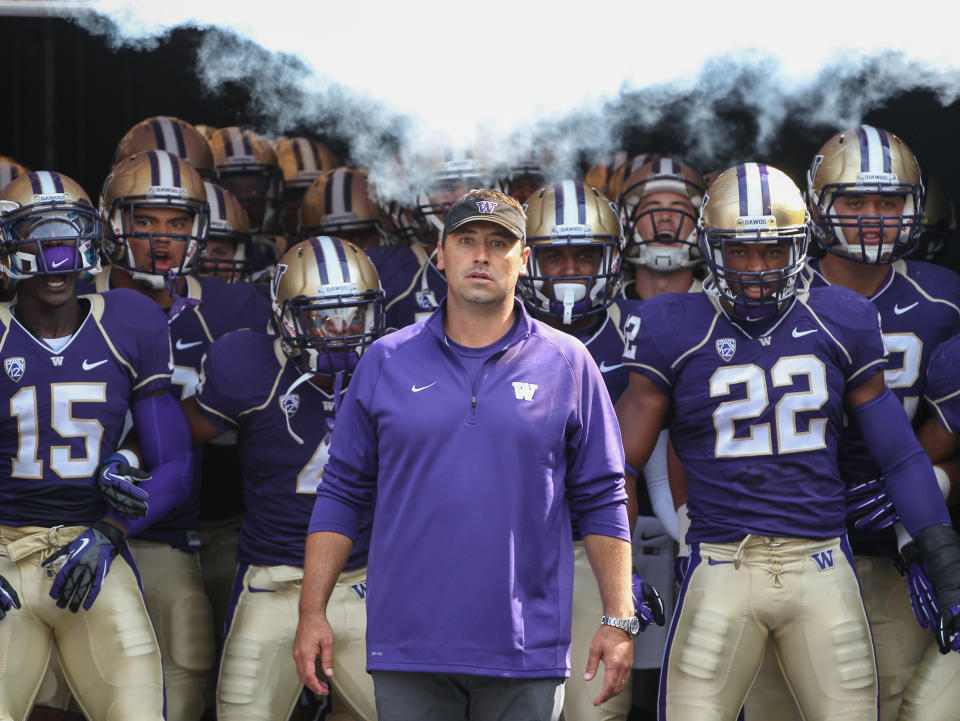 SEATTLE, WA - SEPTEMBER 15:  Head coach Steve Sarkisian of the Washington Huskies prepares to lead his team onto the field prior to the game against the Portland State Vikings on September 15, 2012 at CenturyLink Field in Seattle, Washington.  (Photo by Otto Greule Jr/Getty Images)