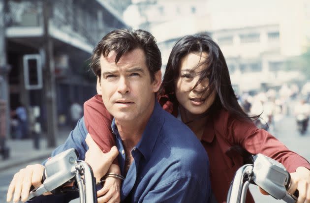 Brosnan and Yeoh during production of 