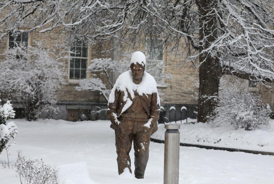 Philip Seymour Hoffman bronze statue at the George Eastman Museum on a snowy Sunday, Jan. 7, 2024.  Over four inches of snow fell in Rochester overnight.