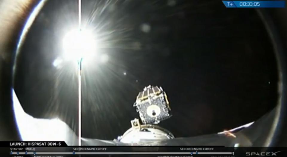 The Hispasat 30W-6 communications satellite separates from the upper stage of its SpaceX Falcon 9 rocket to end a successful launch on March 6, 2018. It was the 50th Falcon 9 mission for SpaceX. <cite>SpaceX</cite>