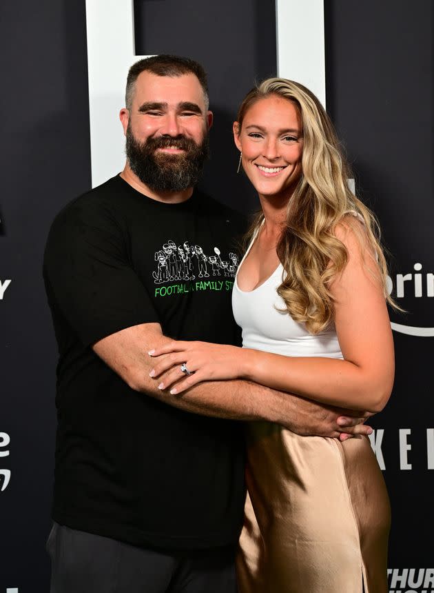 Kylie Kelce, shown with her husband, Jason, in 2023, attended Cabrini University. She gave the commencement address for what will be Cabrini's final graduating class.