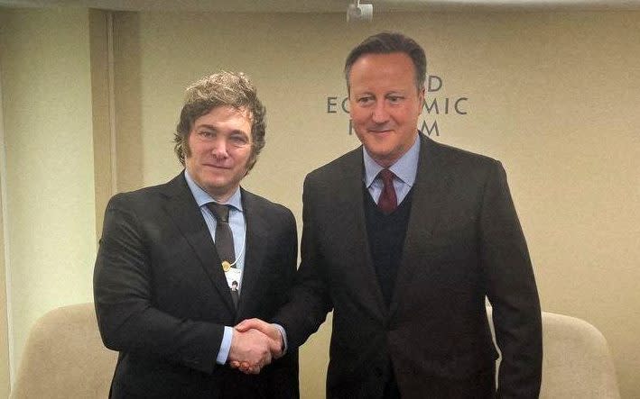 Javier Milei, Argentina's President, shaking hands David Cameron, the Foreign Secretary, during a bilateral meeting at the World Economic Forum in Davos today