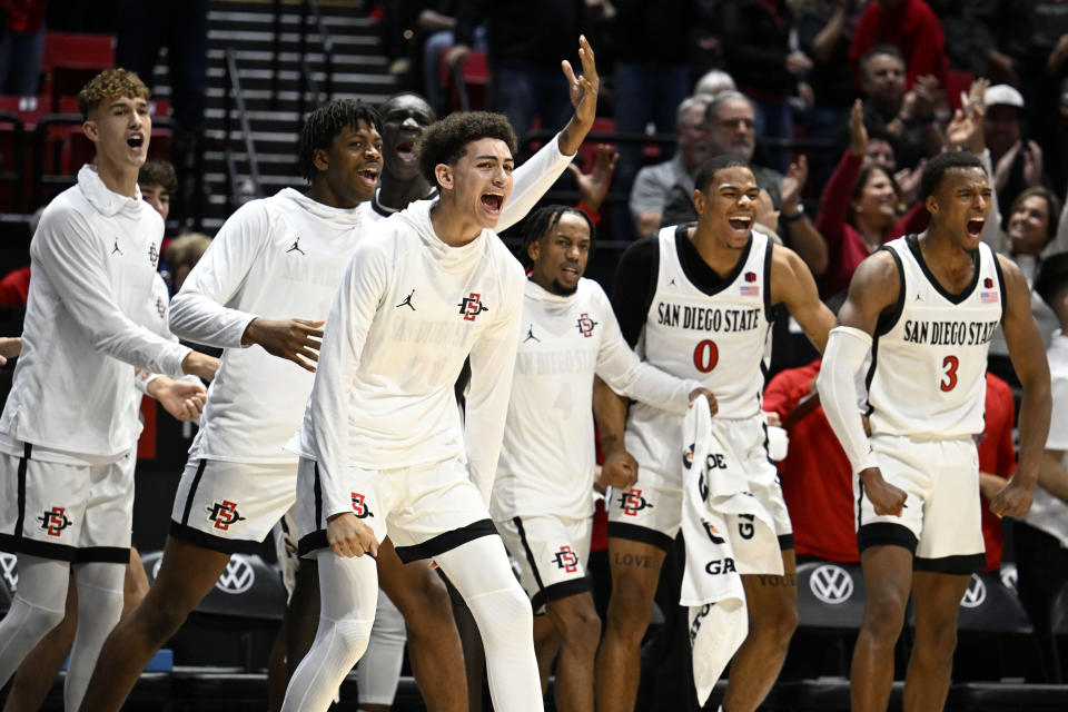 San Diego State players celebrate during the second half of the team's NCAA college basketball game against BYU on Friday, Nov. 11, 2022, in San Diego. (AP Photo/Denis Poroy)