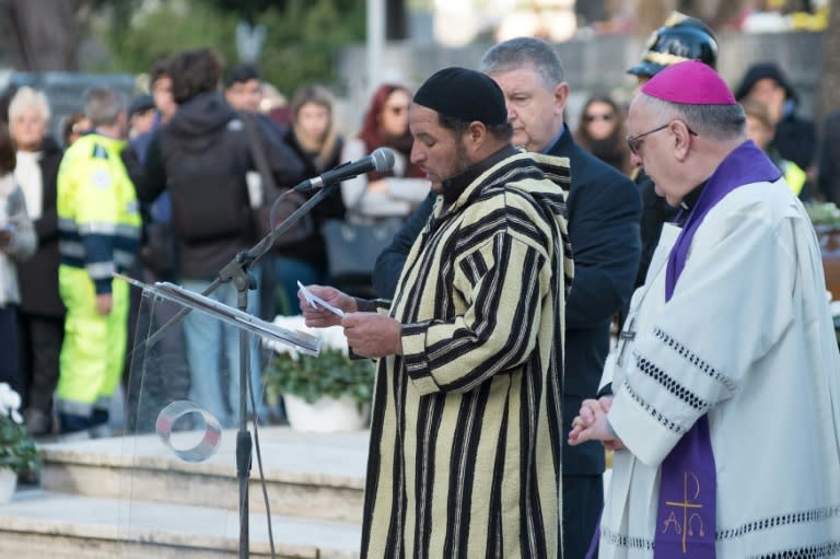 Imam Abderrhmane Es Sbaa and Archbishop Luigi Moretti lead the funeral service for the 26 migrant girls and women