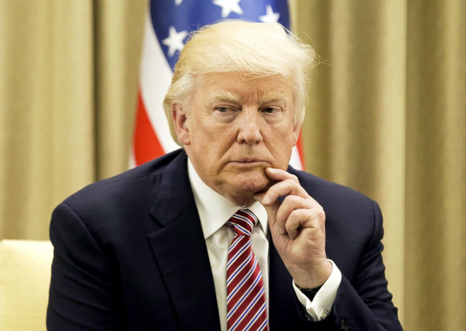 <p>U.S. President Donald Trump gestures during his meeting with the Israeli President at his residence in Jerusalem on May 22, 2017. (Photo: Atef Safadi/AFP/Getty Images) </p>