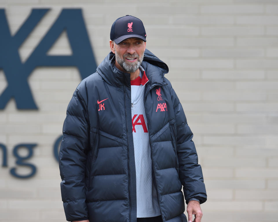 KIRKBY, ENGLAND - APRIL 19: (THE SUN OUT. THE SUN ON SUNDAY OUT)  Jurgen Klopp manager of Liverpool during a training session at AXA Training Centre on April 19, 2023 in Kirkby, England. (Photo by John Powell/John Powell)