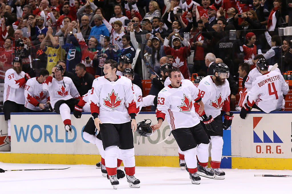 TORONTO, ON - SEPTEMBER 29: Team Canada celebrates their World Cup Championship over Team Europe during Game Two of the World Cup of Hockey final series at the Air Canada Centre on September 29, 2016 in Toronto, Canada. Team Canada defeated Team Europe 2-1. (Photo by Chris Tanouye/Getty Images)