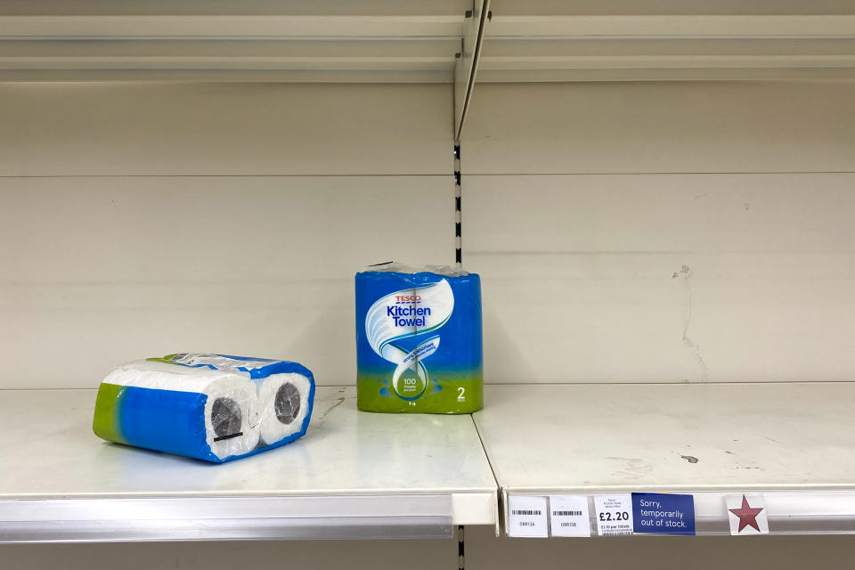 View of the empty shelves of a Tesco super store in Leytonstone, London on March 9, 2020. Shoppers are limited to buying no more than five of certain goods, including antibacterial gels, wipes and sprays, dry pasta, UHT milk and some tinned vegetables (Photo by Alberto Pezzali/NurPhoto via Getty Images)