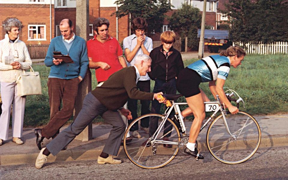 Beryl Burton is pushed off at the start of a club time trial in Wetherby during the early 1970s - Brian Townsley