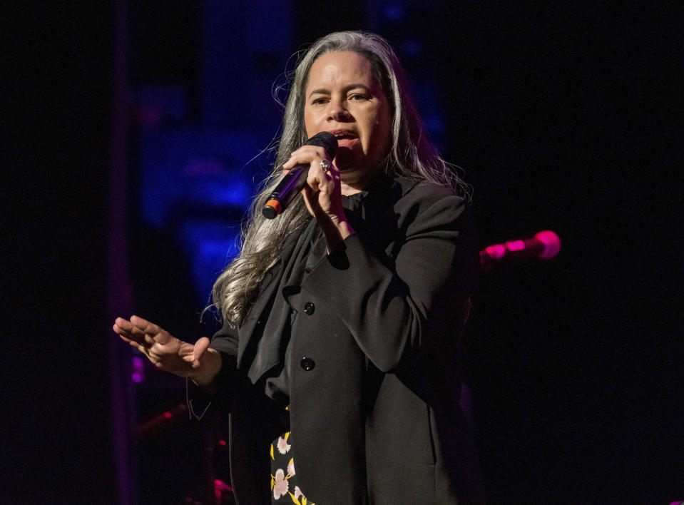 FILE - Natalie Merchant performs at Cyndi Lauper's 8th Annual "Home for the Holidays" benefit concert in New York on Dec. 8, 2018. Merchant's latest album, "Keep Your Courage," releases on Friday. (Photo by Charles Sykes/Invision/AP, File)