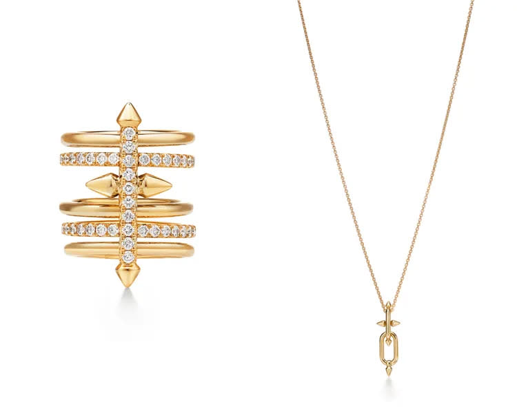 Tiffany Titan by Pharrell Williams系列，（左）18K黃金鋪鑲鑽石戒指；（右）18K黃金鏈墜。品牌提供