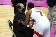 Toronto Raptors guard Kyle Lowry (7) talks with head coach Eric Nurse during the second half of an NBA basketball game against the Miami Heat, Wednesday, Feb. 24, 2021, in Miami. (AP Photo/Lynne Sladky)