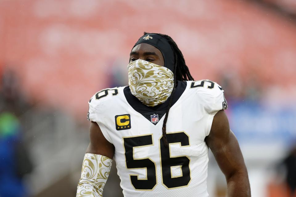 New Orleans Saints linebacker Demario Davis (56) walks off the field after the Saints defeated the Cleveland Browns 17-10 in an NFL football game, Saturday, Dec. 24, 2022, in Cleveland. (AP Photo/Ron Schwane)