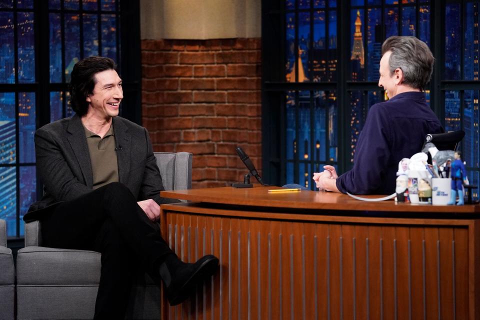 LATE NIGHT WITH SETH MEYERS -- Episode 1404 -- Pictured: (l-r) Actor Adam Driver during an interview with host Seth Meyers on March 9, 2023