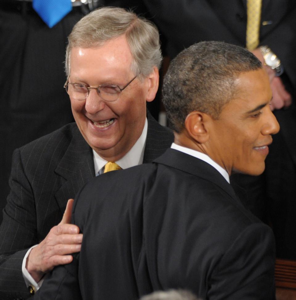 McConnell greets US President Barack Obama following Obama's address to a Joint Session of Congress about the US economy and job creation Sept. 8, 2011. (SAUL LOEB/AFP/Getty Images)