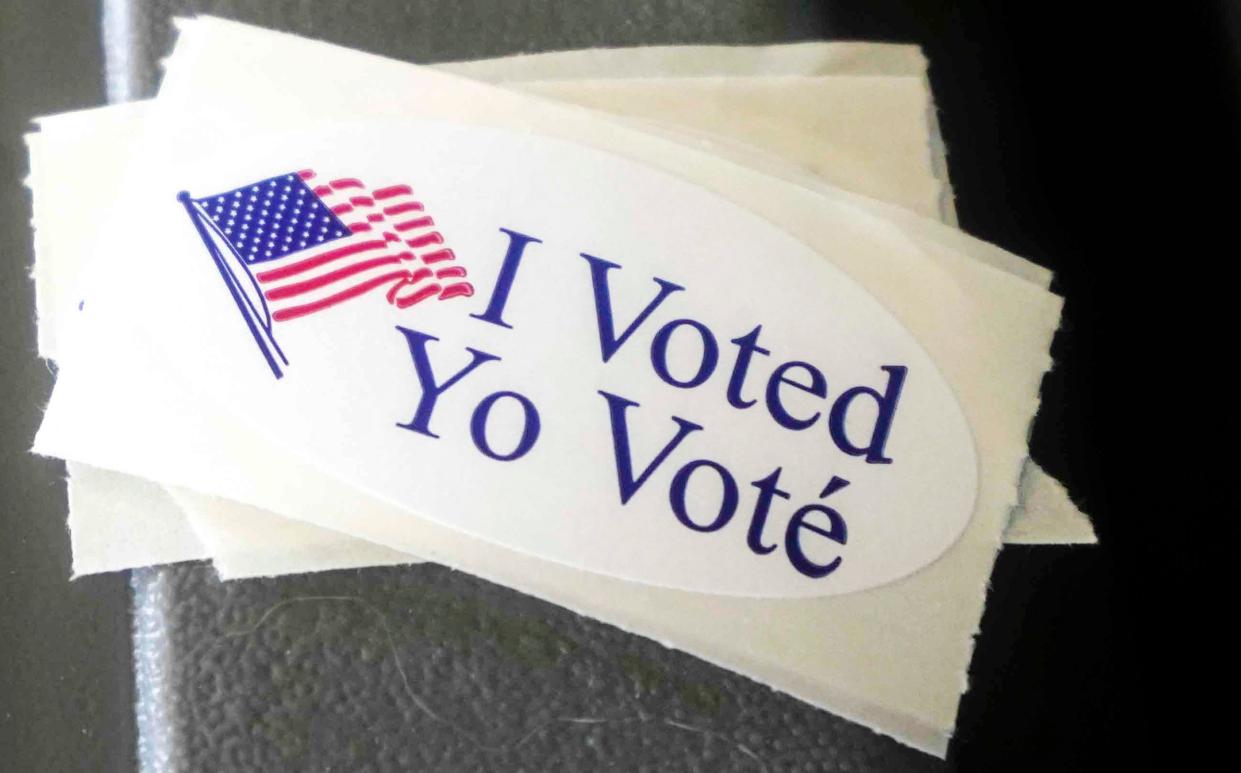 'I Voted' stickers displayed Feb. 20.