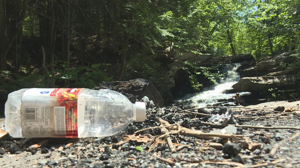 A file photo shows a plastic bottle in front of Garden Creek Falls in Fredericton. There are cleanups happening across the province this weekend. (Shane Fowler/CBC - image credit)