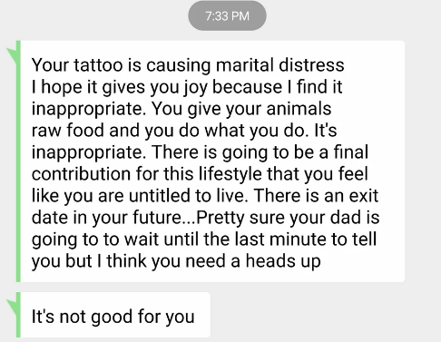 The text says that the child's tattoo is causing marital distress, and "I hope it gives you joy because I find it inappropriate"