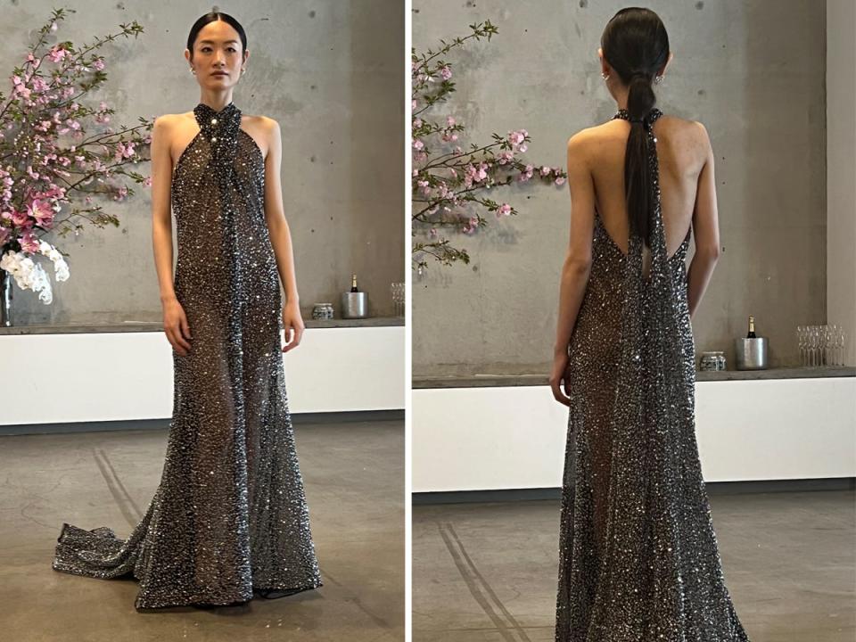 A front-and-back shot of a sheer, sparkly dress with a low back.