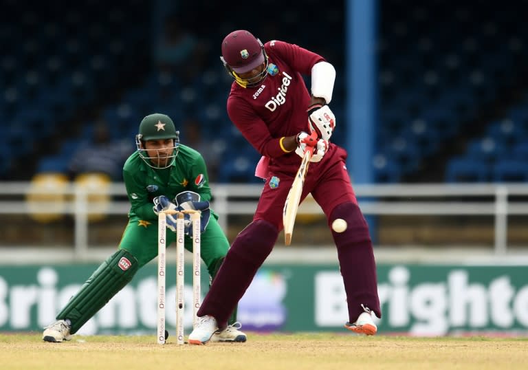 West Indies' Marlon Samuels hits a boundary during the second of four-T20I-match between West Indies and Pakistan March 30, 2017