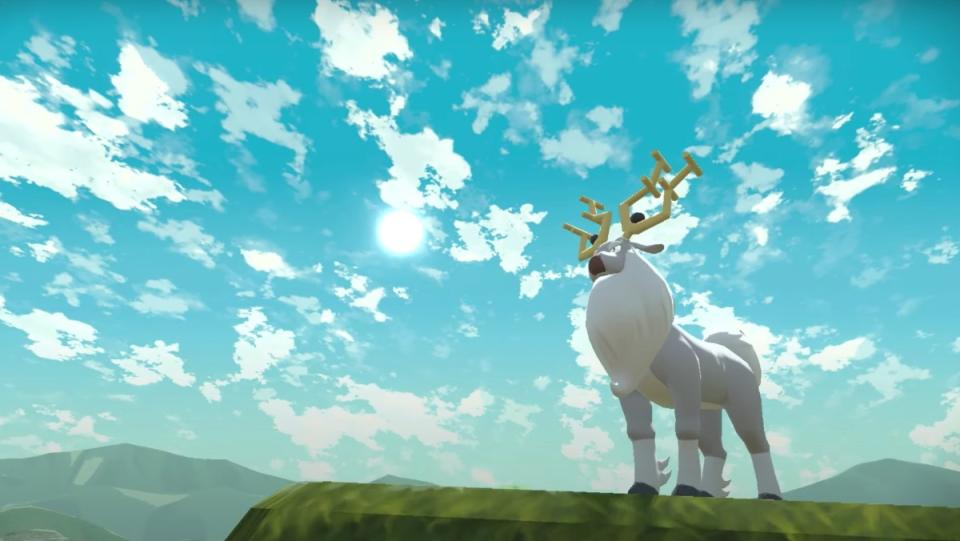 New Arceus Pokemon, Wyrdeer, a white deer creature standing in front of a blue sky on a mountain. For bluesky article.