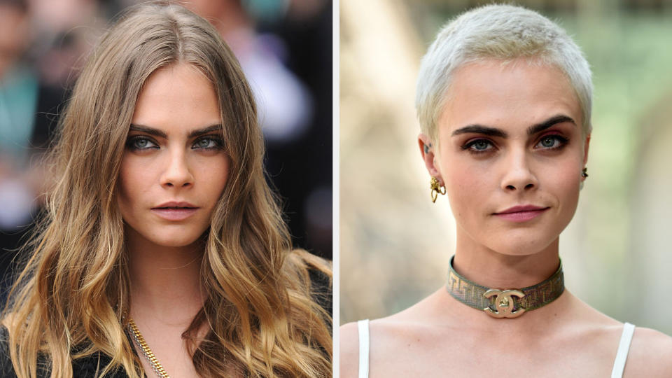 Cara with long blonde hair and Cara with a bleach blonde buzz cut