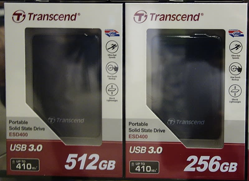 There are also solid state-based portable storage solutions from Transcend ESD400K series; shown here are the 512GB ($315) and 256GB ($168) drives, there's also the 128GB version at $95, and the 1TB drive at $645. 