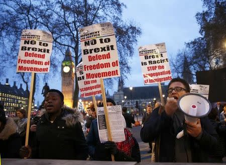 Protesters shout slogans and hold placards outside Supreme Court after the third day of the challenge against a court ruling that Theresa May's government requires parliamentary approval to start the process of leaving the European Union, in Parliament Square, central London, Britain December 7, 2016. REUTERS/Peter Nicholls