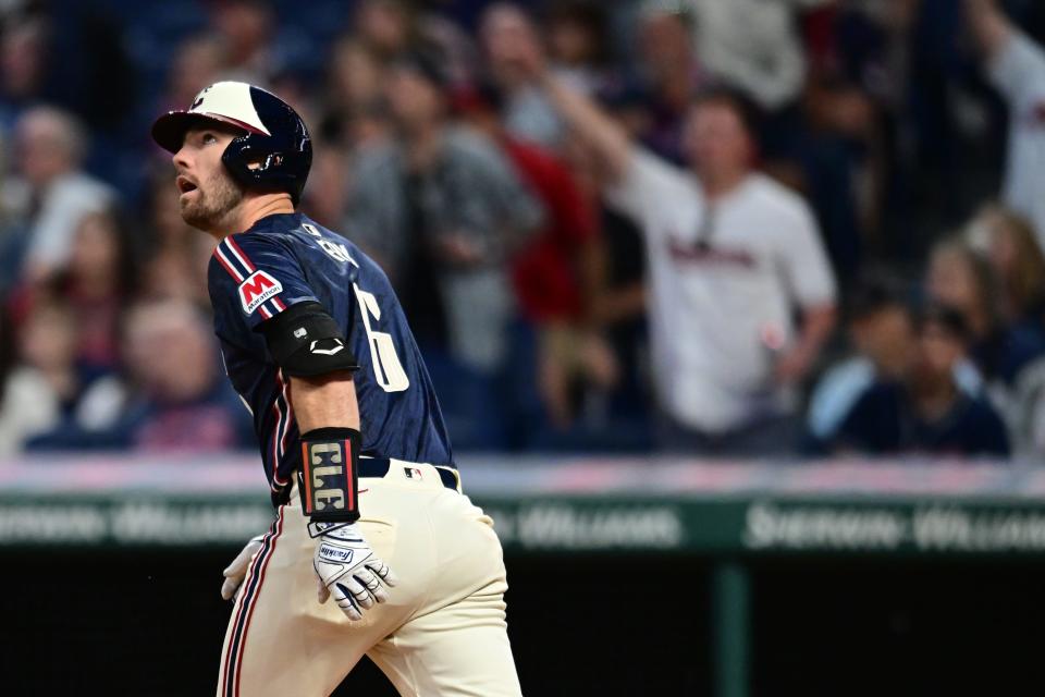 Cleveland Guardians' David Fry (6) watches his three-run home run against the Washington Nationals on May 31 in Cleveland.