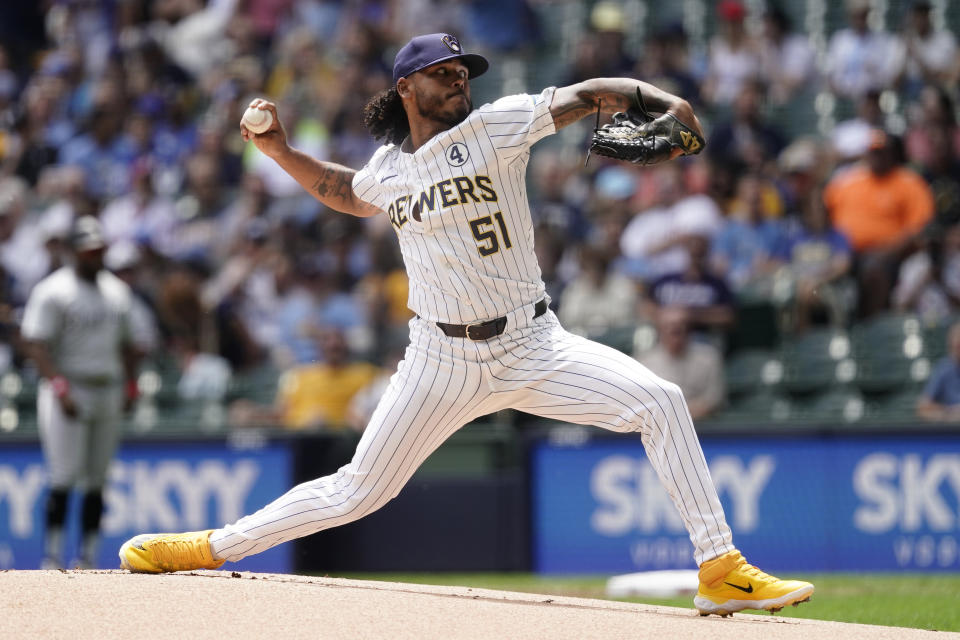 Milwaukee Brewers' Freddy Peralta pitches during the first inning of a baseball game against the Chicago White Sox, Sunday, June 2, 2024, in Milwaukee. (AP Photo/Aaron Gash)