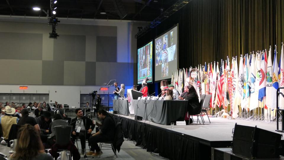 Interim national chief Joanna Bernard speaks to First Nations leaders on Dec. 5, 2023 at the Assembly of First Nations winter assembly and election.