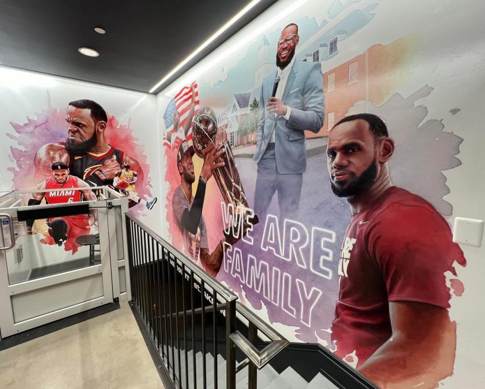 Murals created by Stark County-based artist Dirk Rozich welcome visitors to the LeBron James's Home Court museum at House Three Thirty in Akron.