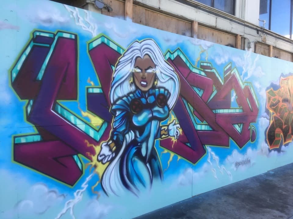 Storm, painted by Boxcar Vida, is the only female-identifying Marvel character depicted on the wall.