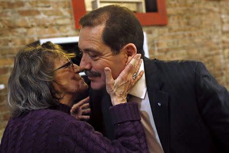 Chicago Mayoral candidate Jesus "Chuy" Garcia is greeted by a supporter at a rally in Chicago, Illinois, January 15, 2015. REUTERS/Jim Young