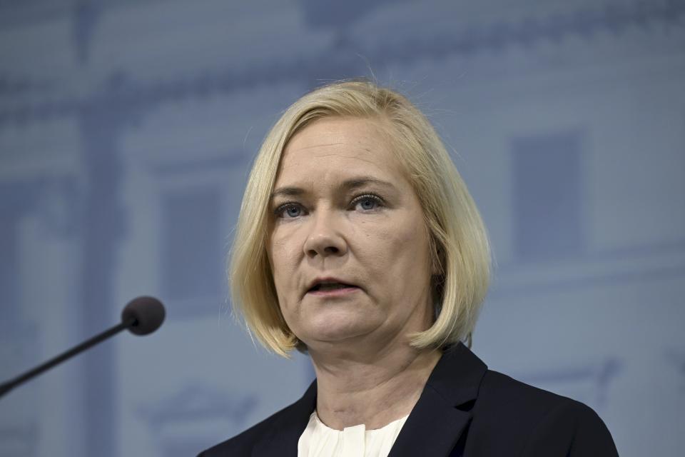 Finnish Interior Minister Mari Rantanen speaks at a press conference in Helsinki, Finland on Tuesday, Nov. 28, 2023. Prime Minister Petteri Orpo says Finland will close its entire border with Russia due to concerns over migration. Orpo made the announcement during a news conference on Tuesday. Finland had only one remaining border checkpoint open, located in the Arctic, after the government closed seven others because of a surge in arrivals of migrants from the Middle East and Africa. (Vesa Moilanen/Lehtikuva via AP)