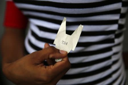 A woman shows a queue number as she lines up outside a supermarket to buy corn flour in Caracas January 19, 2015. REUTERS/Jorge Silva