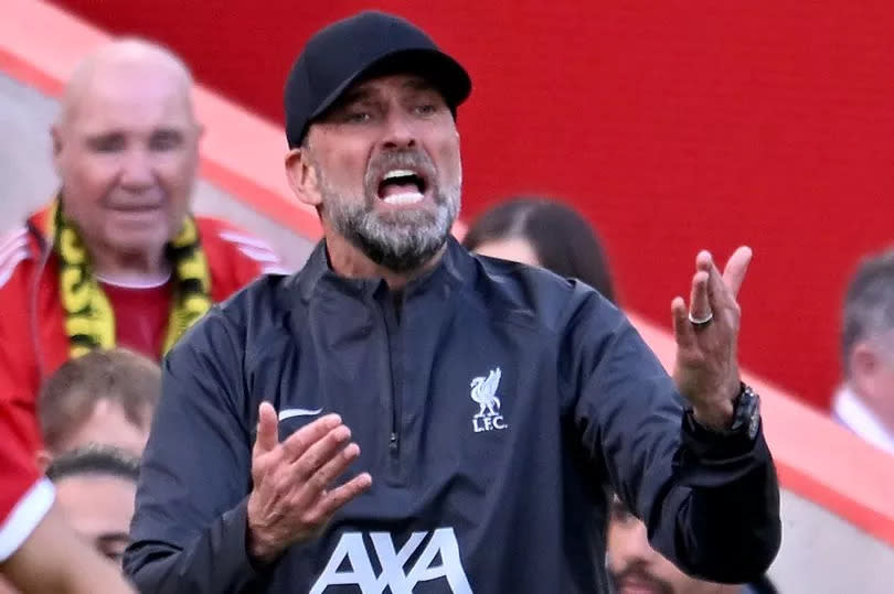 Jurgen Klopp, manager of Liverpool, during the Premier League match against Tottenham Hotspur at Anfield on May 5, 2024