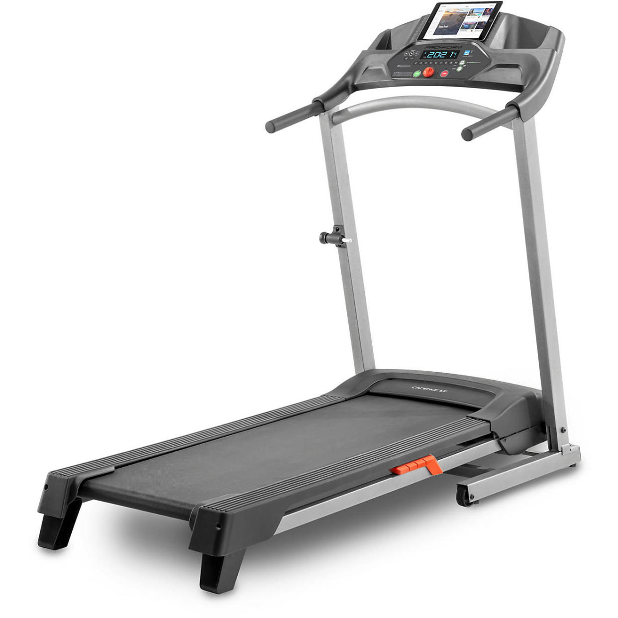 Black and silver treadmill with LED screen