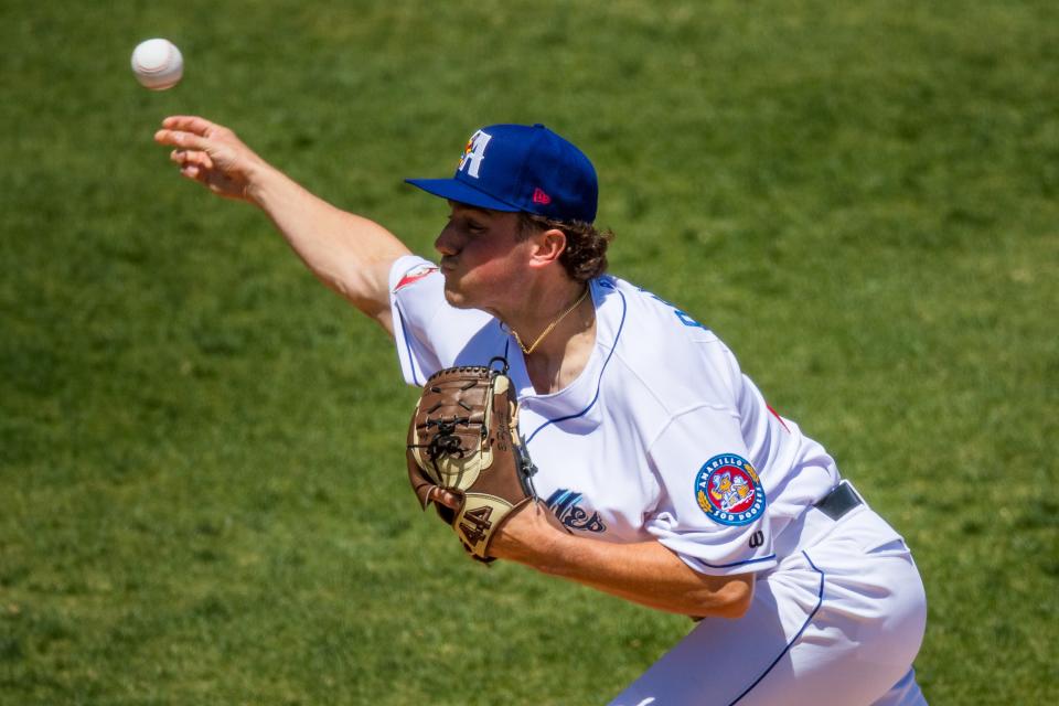 Amarillo Sod Poodles pitcher Brandon Pfaadt (27) pitches against the San Antonio Missions on Sunday, April 24, 2022, at HODGETOWN in Amarillo, Texas.