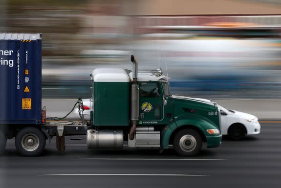 A truck drives along Interstate 80 in California.