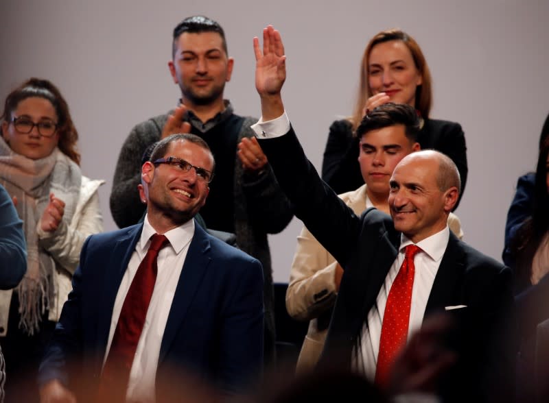 Leadership contenders Robert Abela and Chris Fearne attend outgoing Prime Minister and Labour Party leader Joseph Muscat's final speech at the party's Congress before the election of a new party leader in Paola