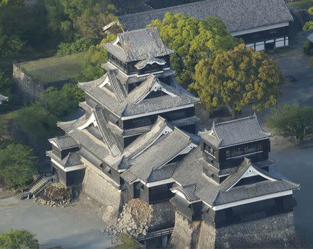 Damage to Kumamoto Castle caused by an earthquake is seen in Kumamoto, southern Japan, in this photo taken by Kyodo April 15, 2016. Mandatory credit REUTERS/Kyodo