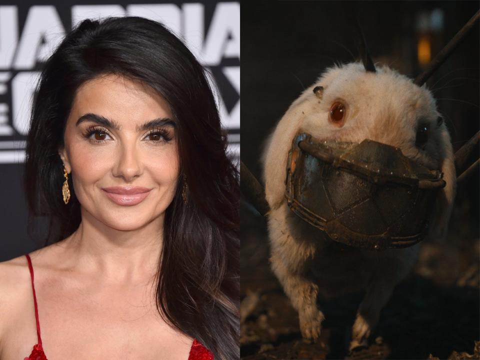 On the left: Mikaela Hoover at the LA premiere of "Guardians of the Galaxy Vol. 3." On the right: Floor, voiced by Hoover in "Guardians of the Galaxy Vol. 3."