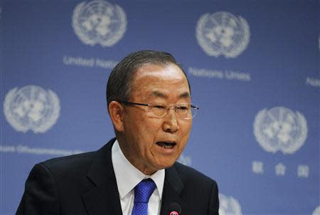 United Nations Secretary-General Ban Ki-moon speaks during a news conference at the United Nations Headquarters in New York, September 9, 2013. REUTERS/Brendan McDermid