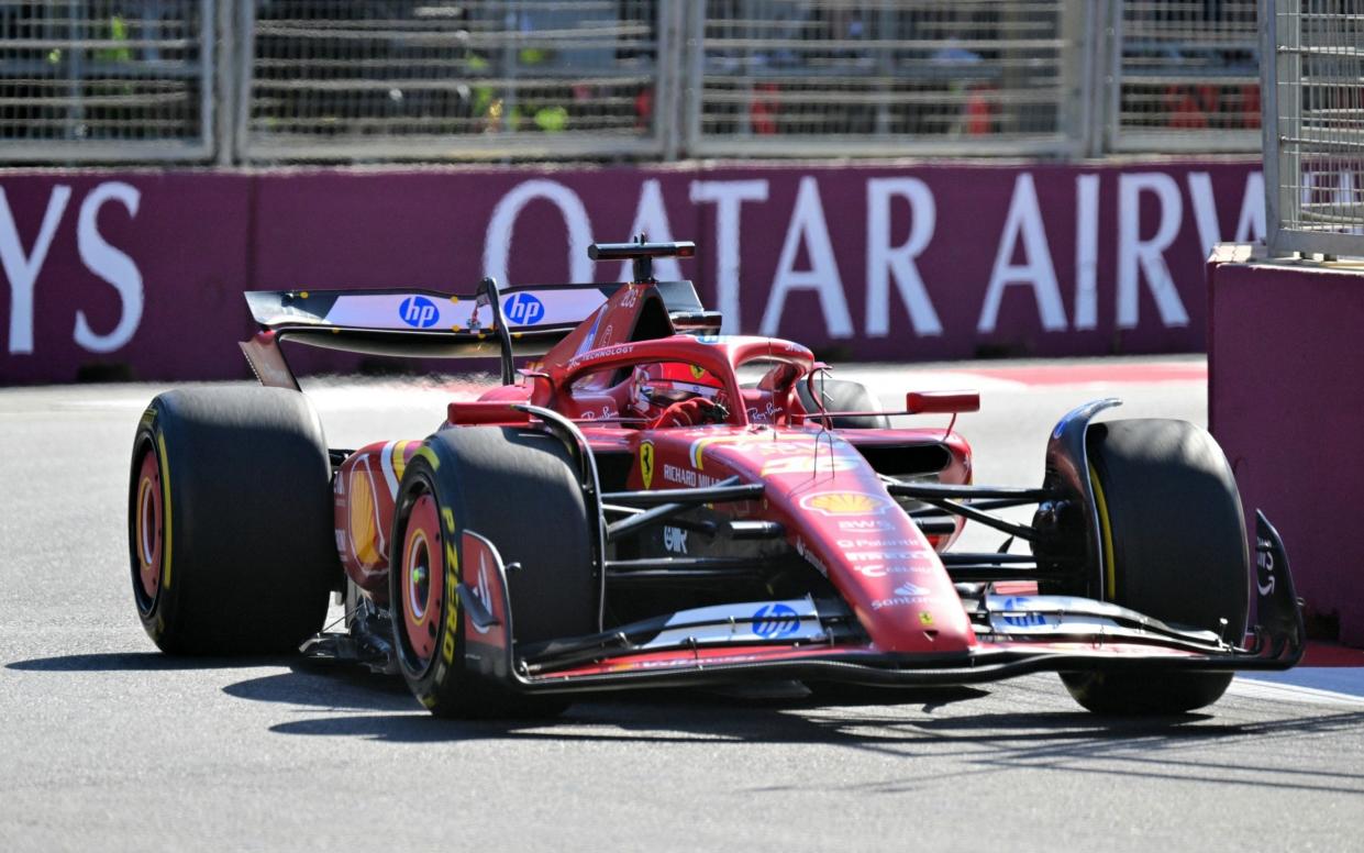 Ferrari's Monegasque driver Charles Leclerc steers his car during the Formula One Azerbaijan Grand Prix at the Baku City Circuit in Baku on September 15, 2024