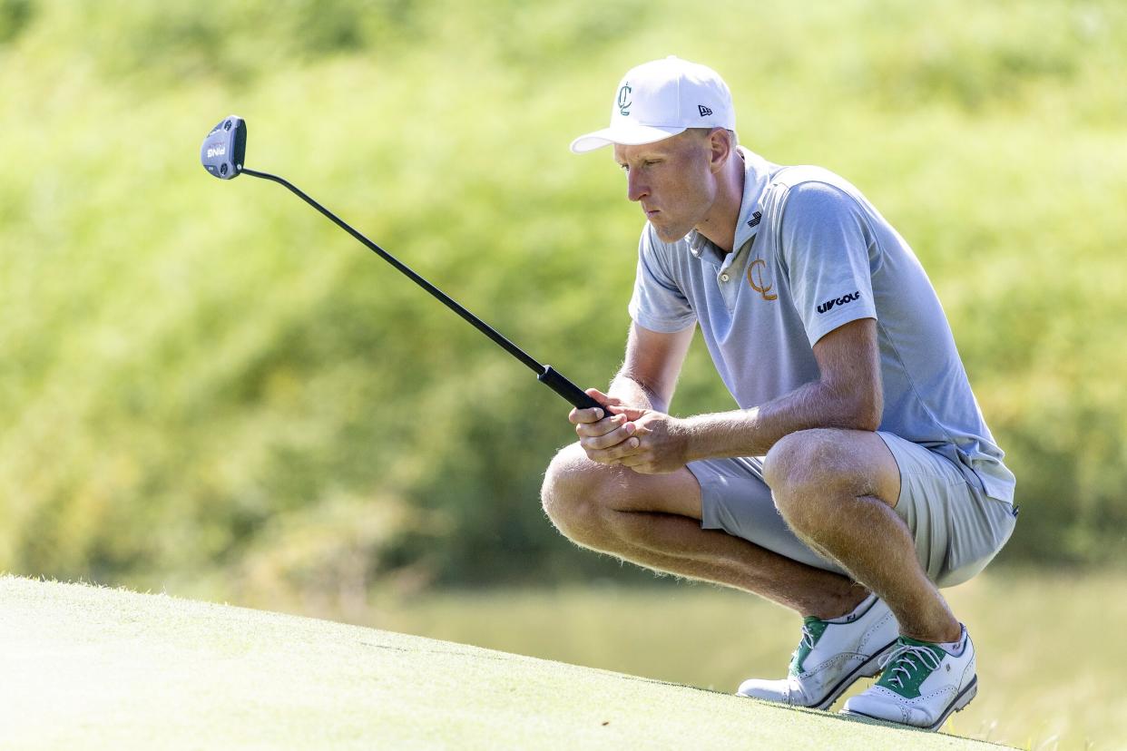 Adrian Meronk, of Cleeks GC, reads his putt on the 16th green during the quarterfinals of LIV Golf Team Championship Dallas at Maridoe Golf Club, Friday, Sept. 20, 2024, in Carrollton, Texas. (Jon Ferrey/LIV Golf via AP)